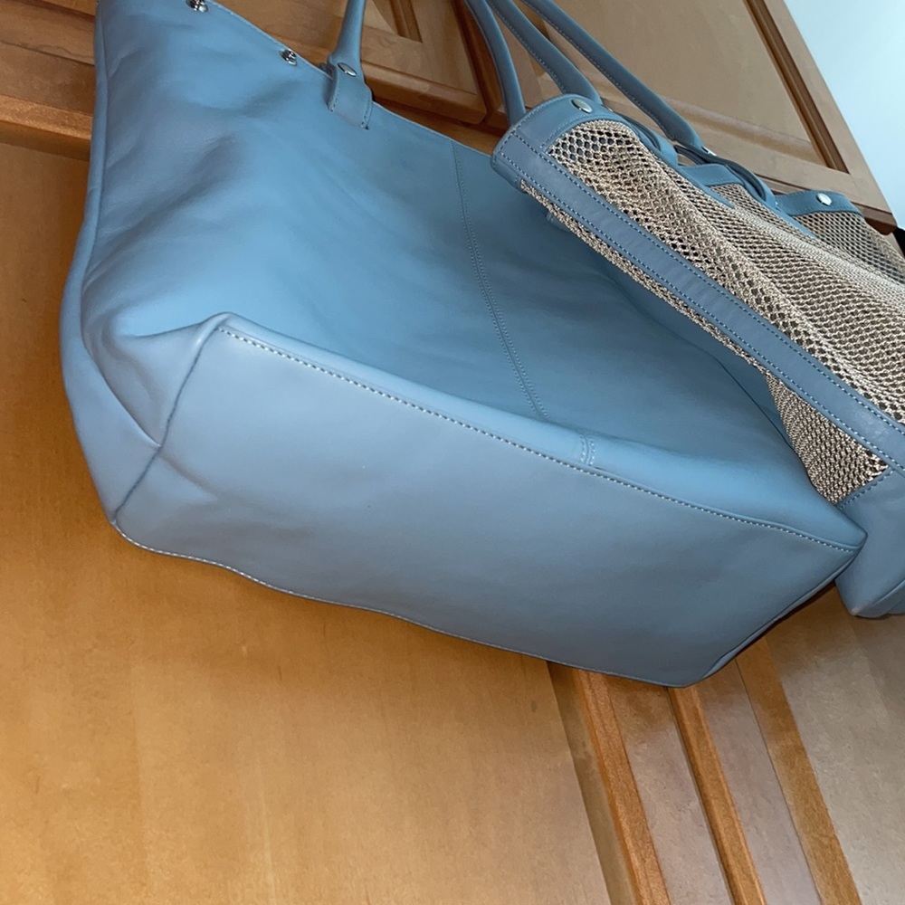 Levenger periwinkle blue leather tote with shoulder straps